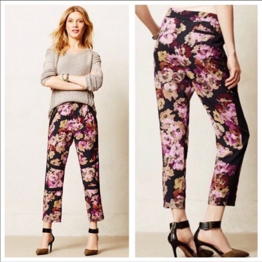 Anthropologie Floral Print Pants - Black and Pink